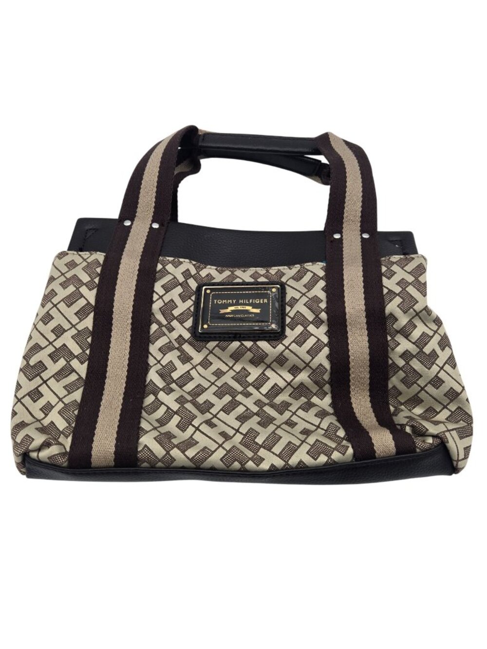 Tommy Hilfiger Tan/Brown Logo Canvas Tote Bag Purse Handbag Women 11x9in